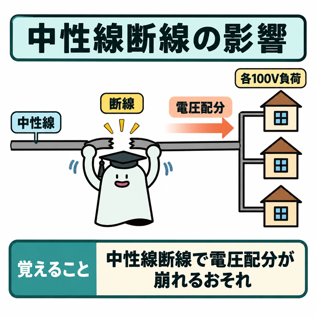 確認の図解。中央に断線した中性線、右に各100V負荷を置き、断線箇所から負荷へ向かう矢印で「電圧配分が崩れるおそれ」を示す。図は一場面とし、断線部を大きく描く。
