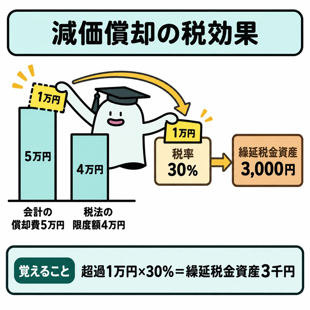 2級で出る3つの一時差異の図解。左に会計上の償却費5万円と税法上の限度額4万円を、同じ基準線から伸びる棒で並べ、上端の差1万円を着色する。仕切りの右へ「超過額1万円→×税率30%→繰延税金資産3,000円」と矢印でつなぐ。