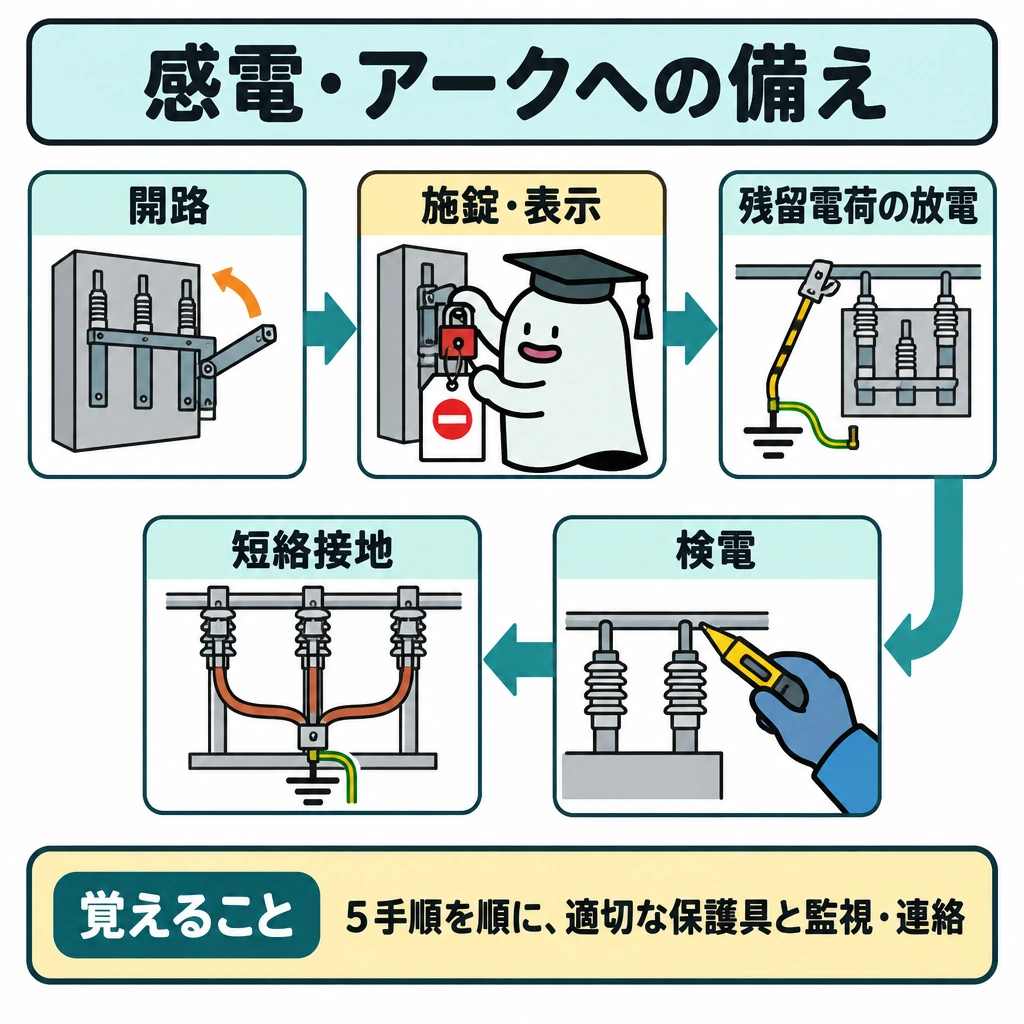 感電・アークへの備えの図解。停電作業の5手順を、上段左から右へ「開路→施錠・表示→残留電荷の放電」、下段右から左へ「検電→短絡接地」と、折り返す一本の矢印でつなぐ。エルくんは2番目の位置に1体だけ配置する。
