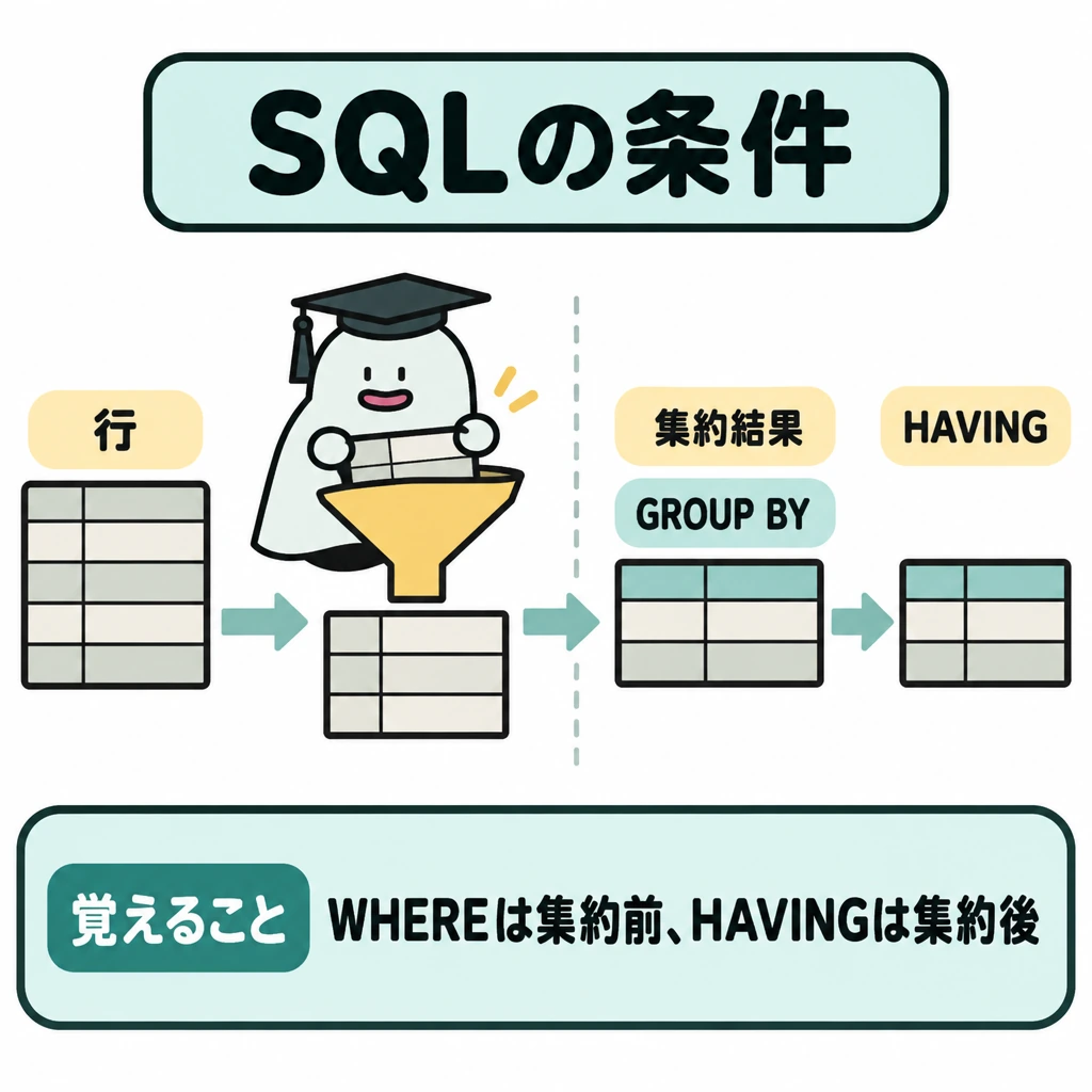 SQLと正規形の図解。左から右へ、表の行→WHERE→GROUP BY→HAVINGの順に矢印でつなぐ。WHEREの後に仕切りを置き、左は集約前の行、右はまとめられた集約結果として、条件をかける対象の違いを示す。