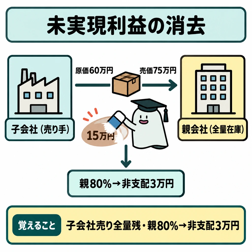 基本の仕組みの図解。正方形の左に売り手の子会社、右に全量を期末在庫として持つ親会社を置き、商品が原価60万円から売価75万円で移ったことを右向き矢印で示す。子会社側の利益15万円を消去する位置にエルくんを置き、そこから下向きの線で非支配株主に帰属する当期純利益の3万円調整へつなぐ。