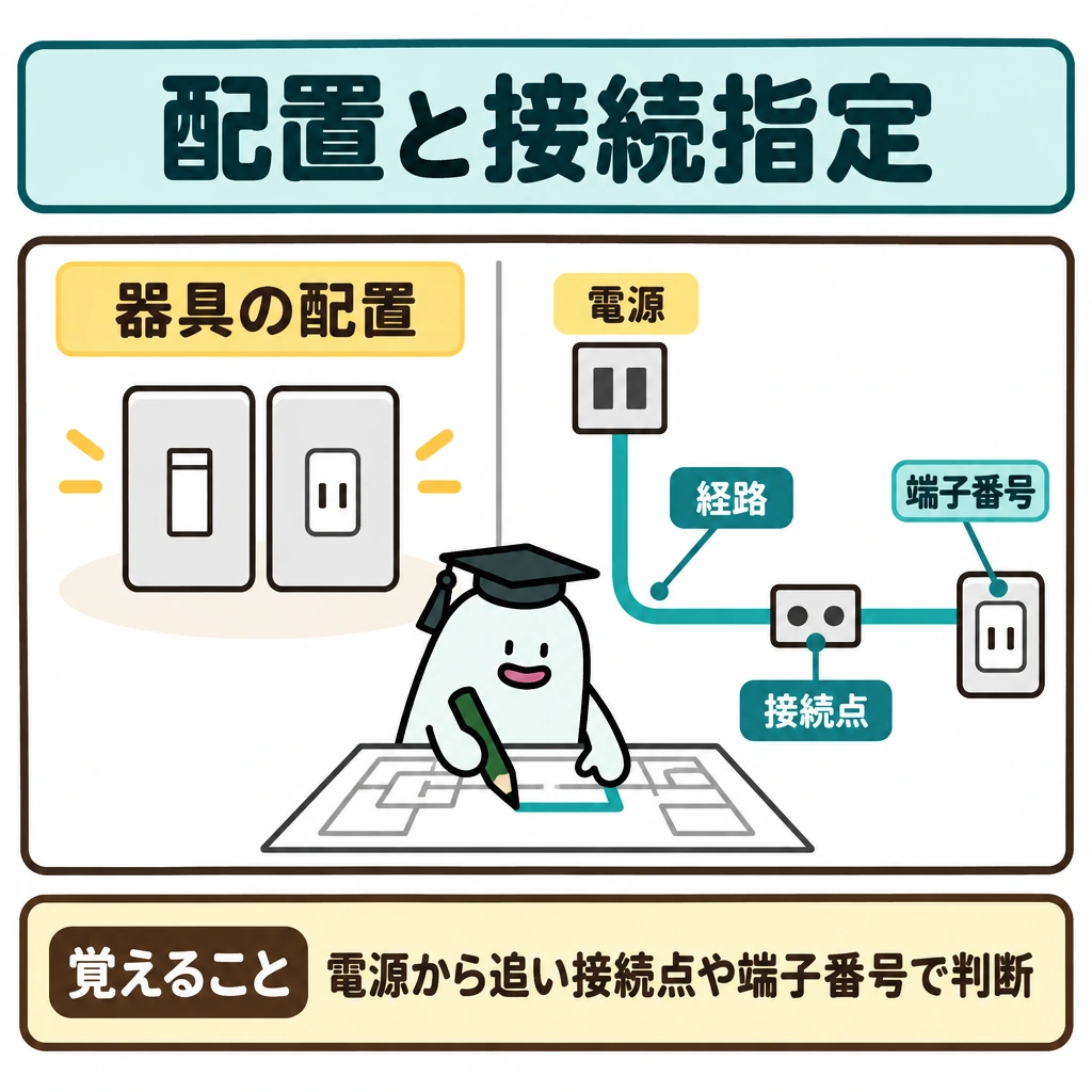 基本の仕組みの図解。上部に二つの器具を隣り合わせに置き、下部には電源からの経路と接続点・端子番号の確認箇所を描く。細い仕切りで配置と接続指定を分け、隣接だけを根拠に器具間を線で結ばない。