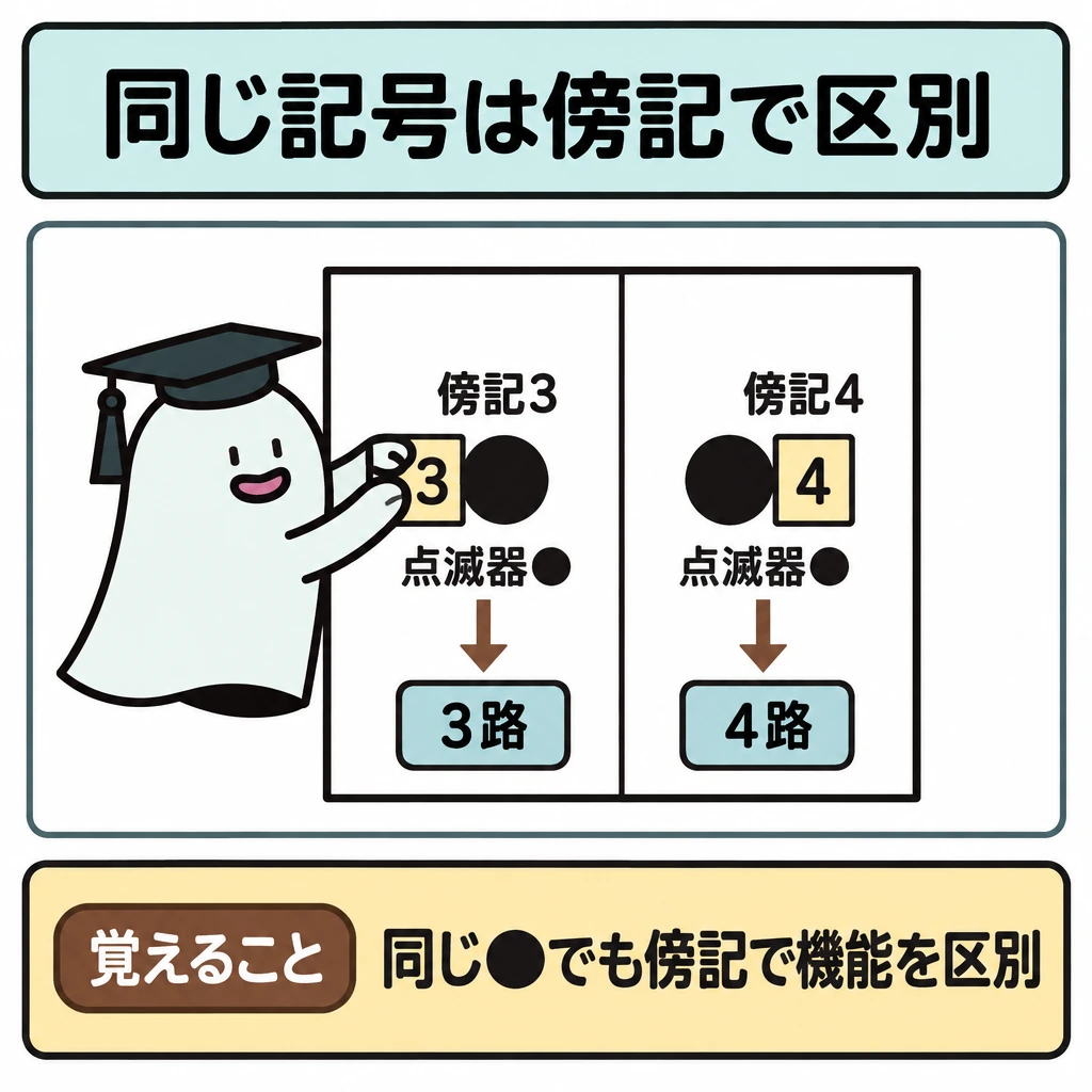 図記号・傍記・写真を対応させるの図解。正方形の中央を縦線で左右に分け、両側に同じ点滅器の記号「●」を置く。左は「●」の傍らに3を添えて「3路」へ、右は4を添えて「4路」へ矢印で結ぶ。