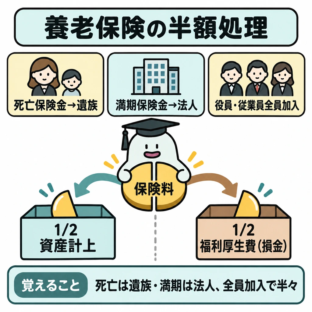 養老保険・終身保険・団体保険の経理処理の図解。上段に「死亡保険金→遺族」「満期保険金→法人」「役員・従業員全員加入」の3条件を並べ、その下の保険料から左右へ等幅の矢印を伸ばす。矢印の先は中央の仕切りを挟んで、左を資産計上、右を福利厚生費としての損金算入にする。