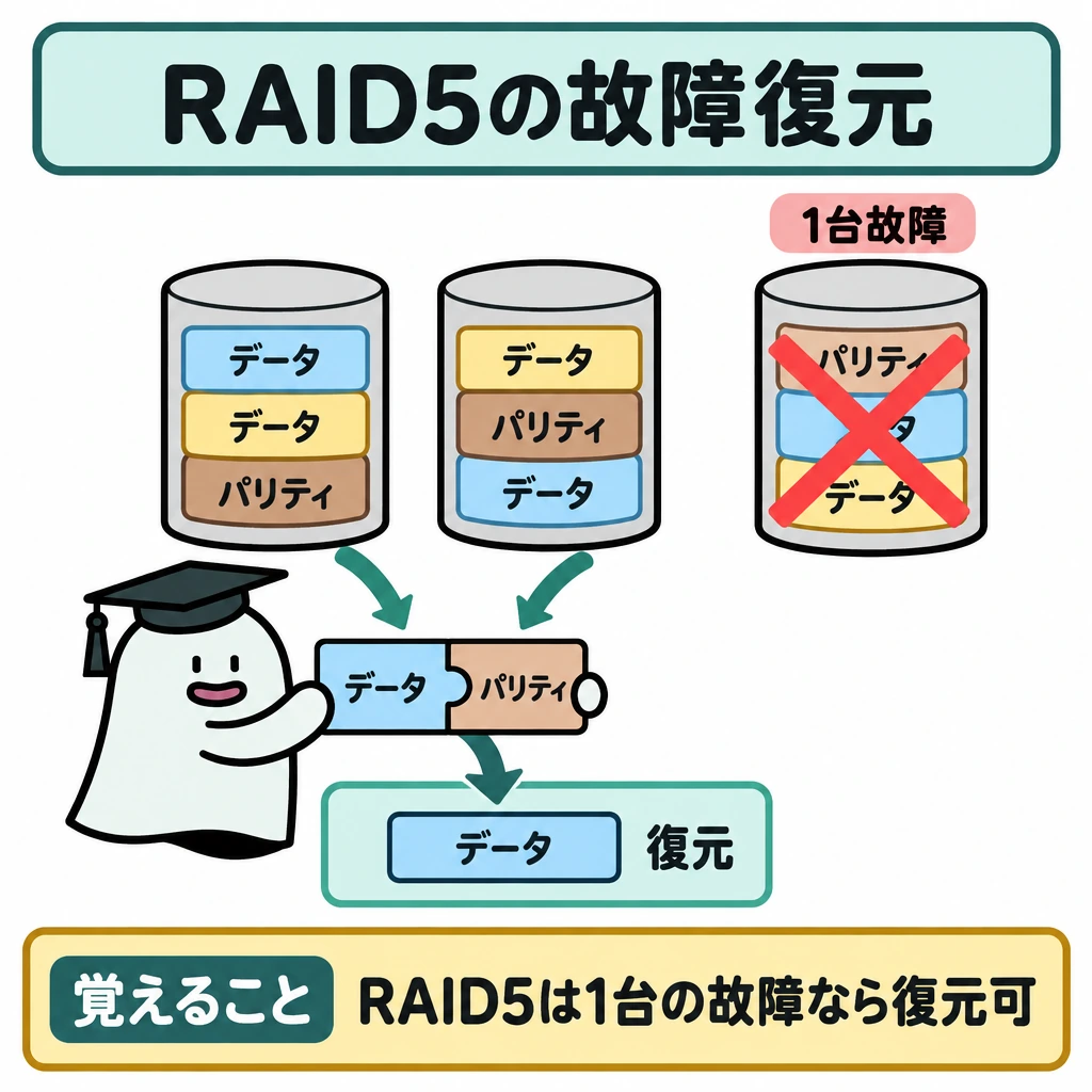 構成と故障への備えの図解。中央にRAID5のディスク3台を横並びにし、データとパリティが複数台に分散している様子を描く。右の1台に故障印を付け、残るディスクから下の復元枠へ矢印を集める。