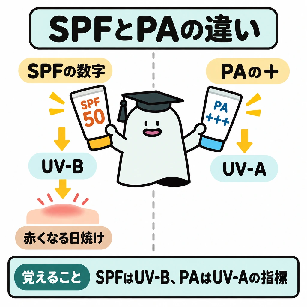 基本の仕組みの図解。画面を縦線で左右に分け、左は「SPFの数字」→「UV-B」→「赤くなる日焼け」、右は「PAの＋」→「UV-A」と矢印で対応づける。数字と＋は別々に読む構図にする。