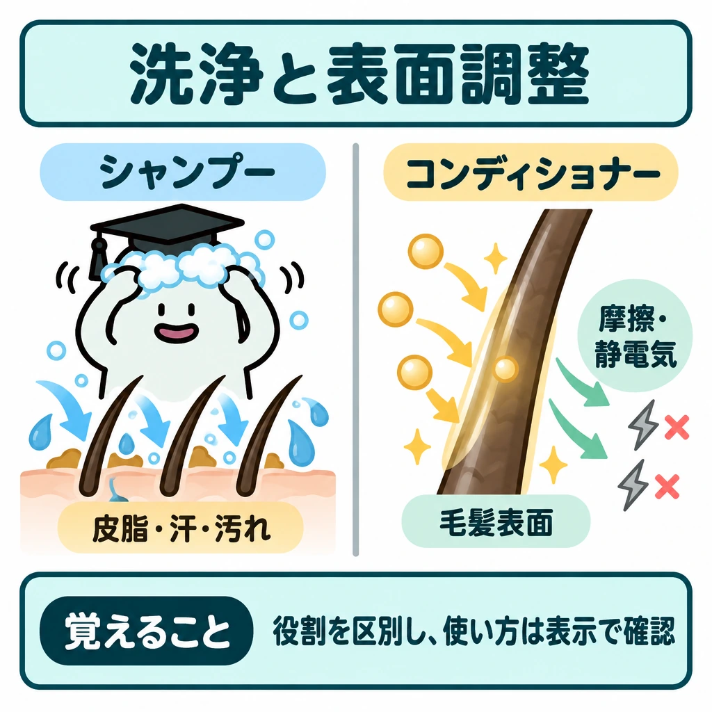 洗浄と毛髪表面の調整の図解。画面中央を縦線で仕切り、左はシャンプーで頭皮の皮脂・汗と毛髪の汚れが流れる向きに矢印を描く。右はコンディショナーの成分が毛髪表面に向かう矢印を描き、その先に摩擦・静電気を抑える働きを示す。