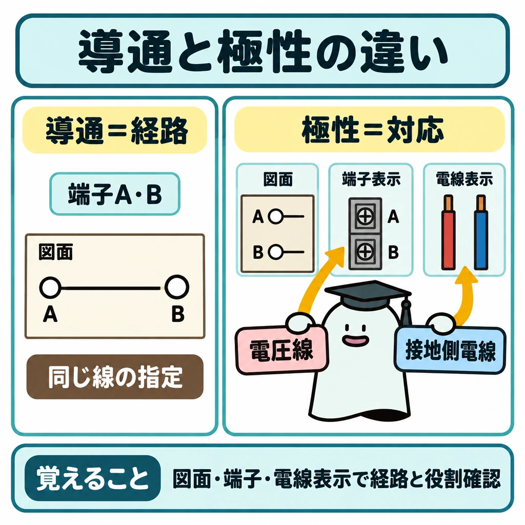 基本の仕組みの図解。左に図面で同じ線につながる端子A・Bを描き、導通は経路の有無を見ることを示す。仕切りの右では図面・端子表示・電線表示を並べ、電圧線と接地側電線が指定された側に対応するかを照合する矢印を描く。