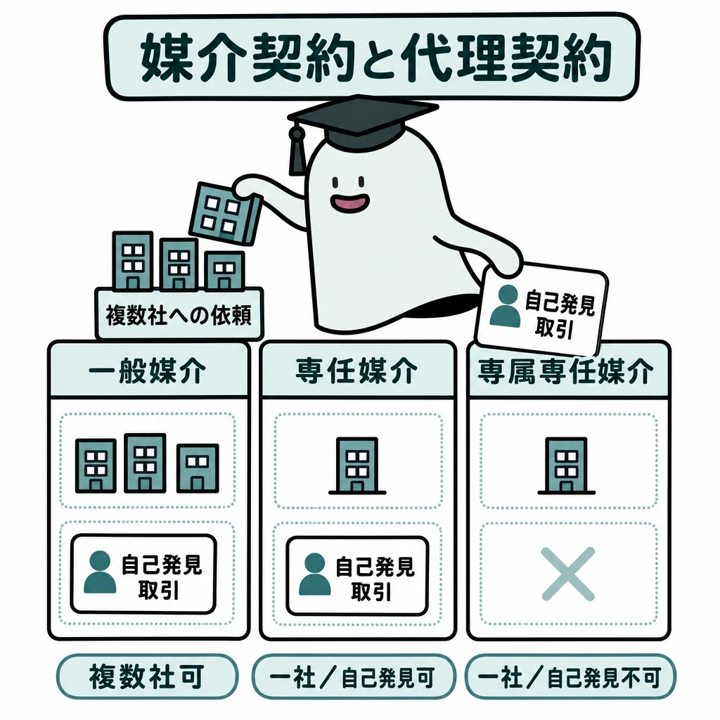 エルくんが説明する図解。一般=複数社可、専任=一社/自己発見可、専属専任=一社/自己発見不可。