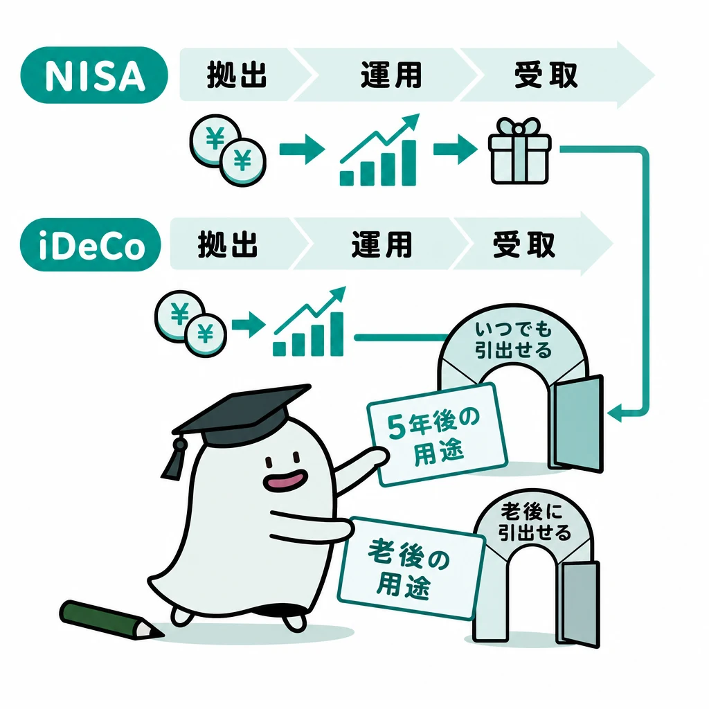 NISAとiDeCoを拠出・運用・受取の時間軸と引出時期の違いで比較する図
