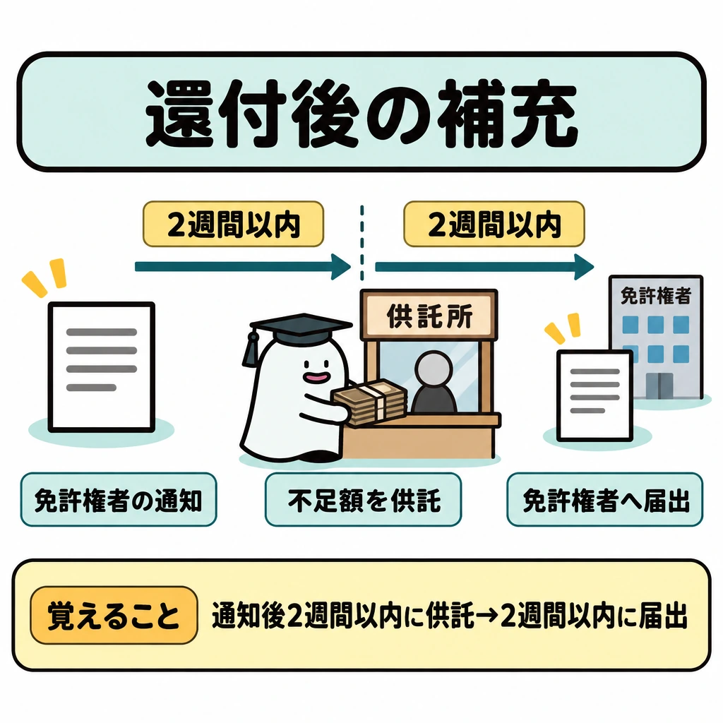還付・補充の流れの図解。左から右へ「免許権者の通知」→「不足額を供託」→「免許権者へ届出」を一本の矢印でつなぐ。通知から供託までと、供託から届出までを別々に区切り、それぞれ「2週間以内」と示す。