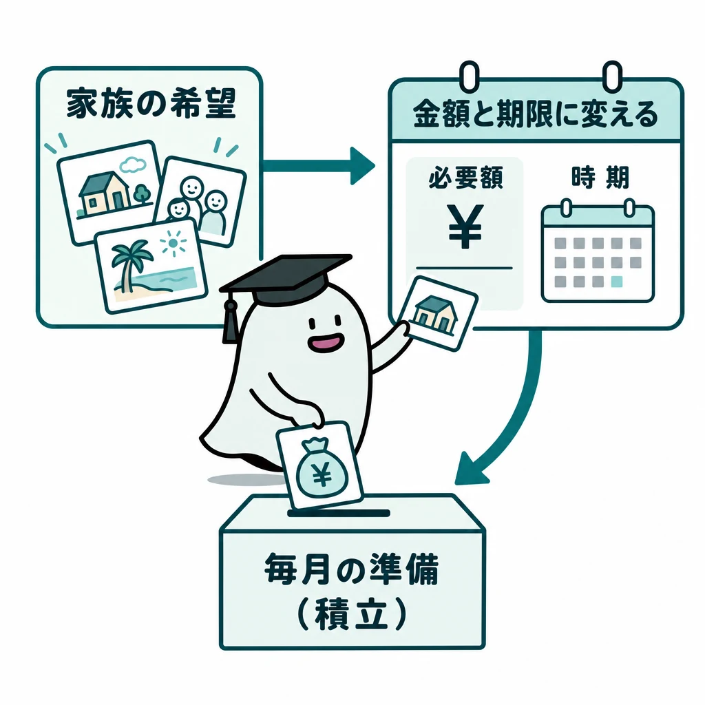 エルくんが家族の希望から必要額・時期・毎月の準備へ整理する図