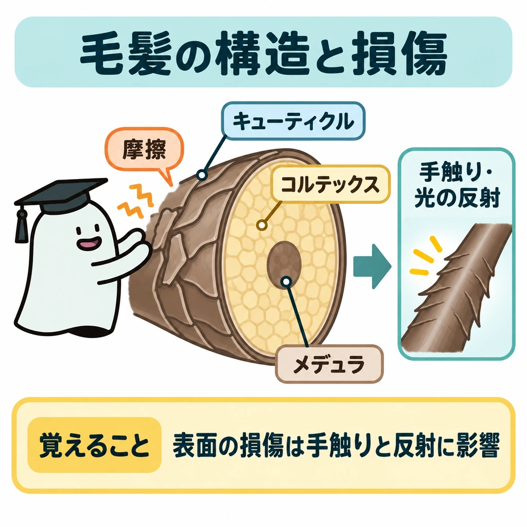 基本の仕組みの図解。中央に毛髪1本の拡大断面を大きく描き、外側のキューティクル、毛髪の大部分を占めるコルテックス、中心のメデュラを示す。表面の摩擦からキューティクルの損傷へ、さらに手触り・光の反射への影響へと矢印をつなぐ。