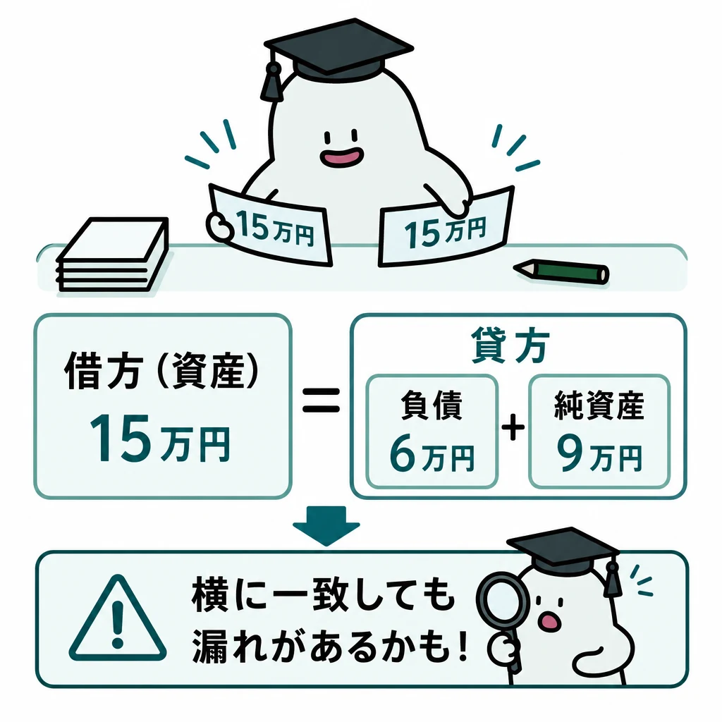 エルくんが説明する図解。借方資産15万円=貸方負債6+純資産9万円、横に一致でも漏れありの注意。