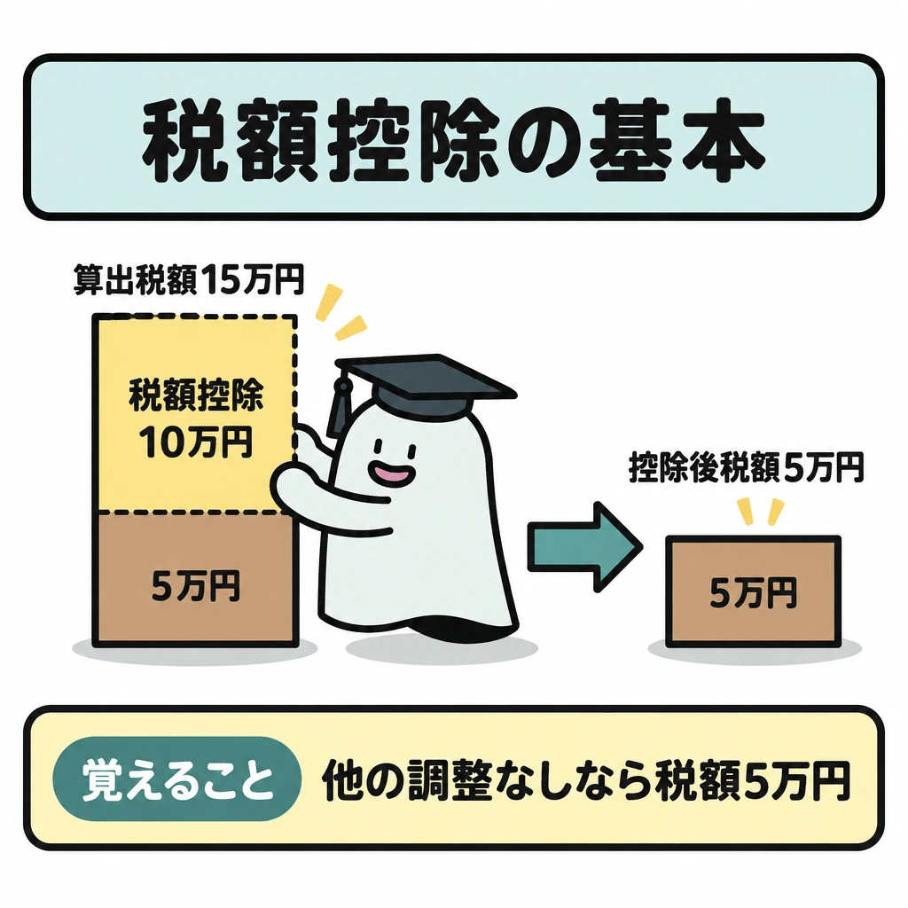 基本の仕組みの図解。左の算出税額15万円のバーを、10万円分と5万円分に仕切る。10万円分を差し引く右向き矢印の先に、控除後税額5万円のバーを置く。