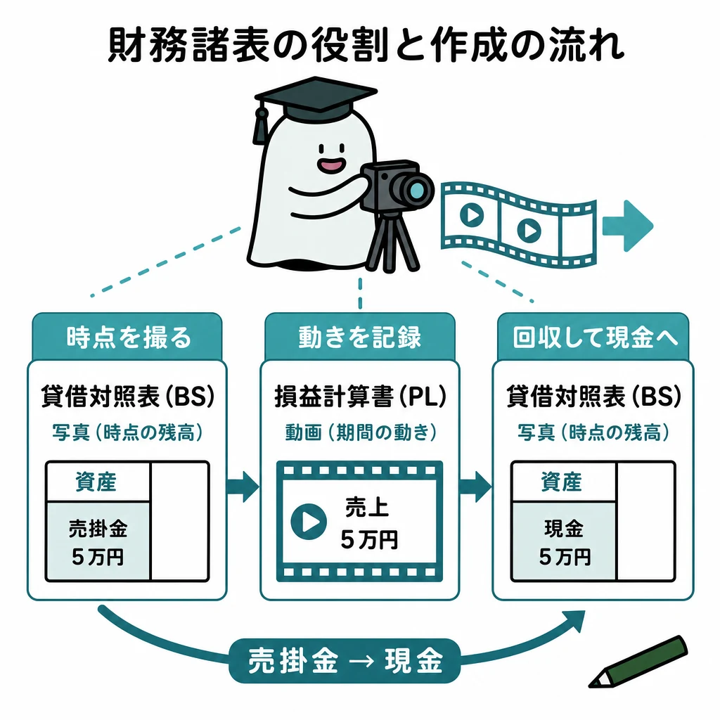 エルくんが説明する図解。写真BSに売掛金、動画PLに売上、回収は売掛金→現金。