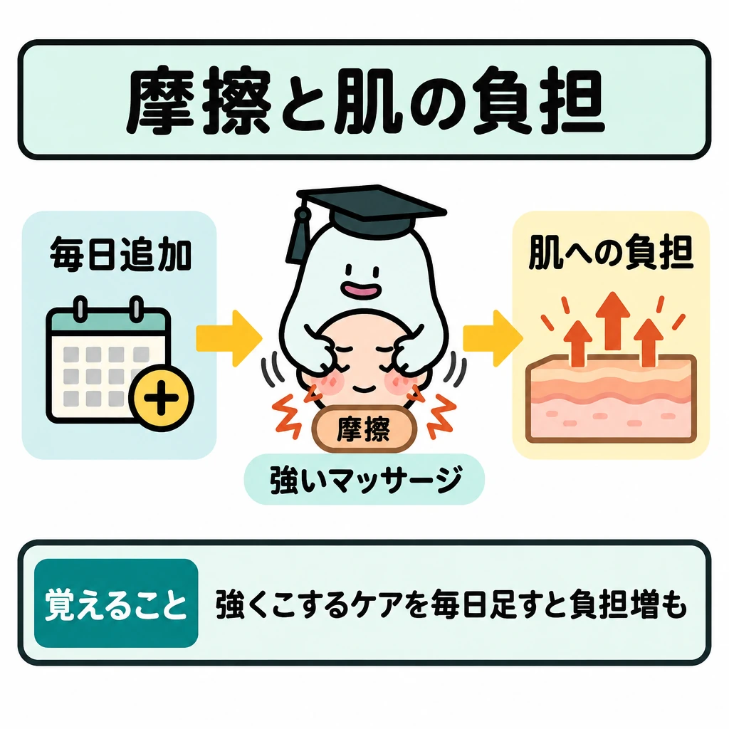基本の仕組みの図解。中央でエルくんが顔の模型をこする様子を描き、手と肌の接触面に摩擦を示す。左の「毎日追加」から中央を通って右の「肌への負担」へ矢印を伸ばし、負担が増えることがあると示す。