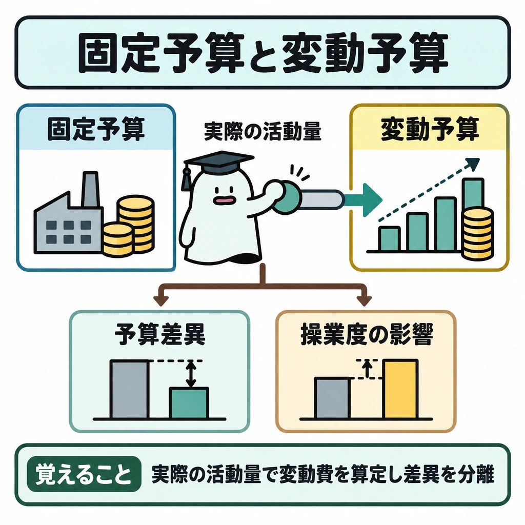 固定予算・変動予算・責任範囲の図解。左に固定予算、右に変動予算を仕切って並べ、中央の「実際の活動量」スライダーから右側だけへ矢印を引く。下部では、実績との差を「予算差異」と「操業度の影響」の二つに分けて示す。