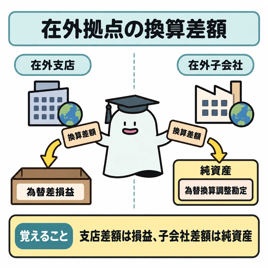 在外支店と在外子会社の換算の図解。画面を中央で仕切り、左に在外支店、右に在外子会社を配置する。エルくんが換算差額を表す同形の札を左右の手で仕分け、左は「為替差損益」へ、右は貸借対照表の差額として「純資産」内の「為替換算調整勘定」へ入れる。