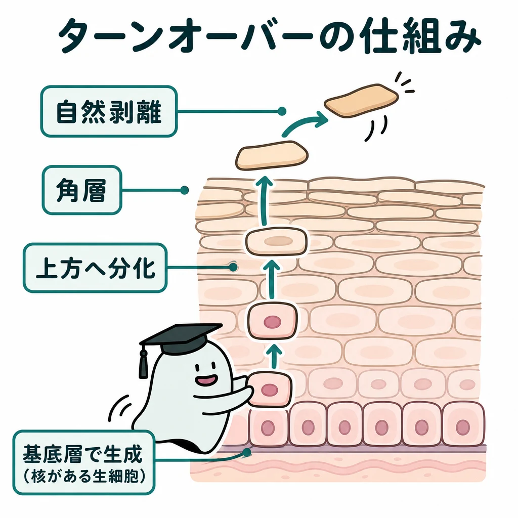 エルくんが説明する図解。基底層で生成→上方へ分化→角層→自然剥離、固定日数は表示しない。