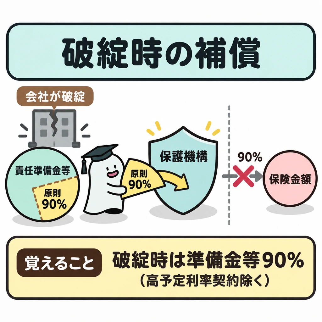 契約者を守る制度の図解。左に「責任準備金等」の円、中央に保護機構の盾を置き、会社の破綻時に円の原則90%が盾で守られる関係を示す。右には仕切りを挟んで「保険金額」を置き、そこへの「90%」の矢印に×を付ける。