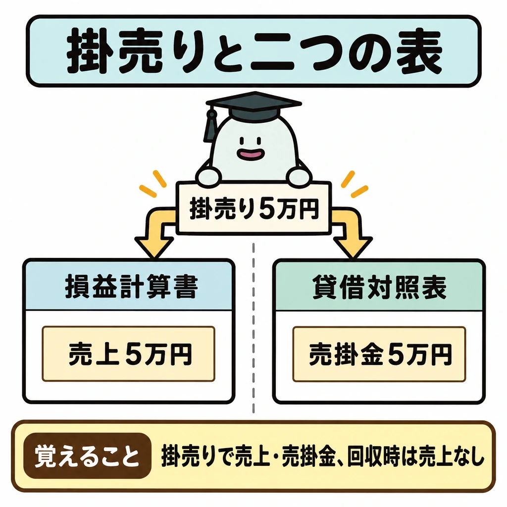 基本の仕組みの図解。上部中央の「掛売り5万円」から矢印を二股に分け、縦の仕切りを挟んだ左の損益計算書に「売上5万円」、右の貸借対照表に「売掛金5万円」を記す。売掛金は未回収であることが分かる配置にする。
