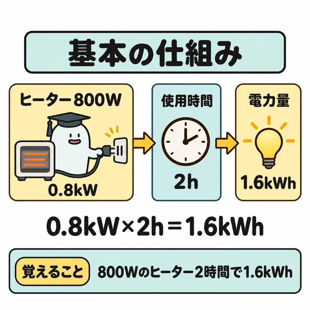 基本の仕組みの図解。左に800Wのヒーター、中央に使用時間2h、右に電力量1.6kWhを横並びに置き、右向きの矢印でつなぐ。矢印の下に「0.8kW×2h=1.6kWh」を大きく示す。