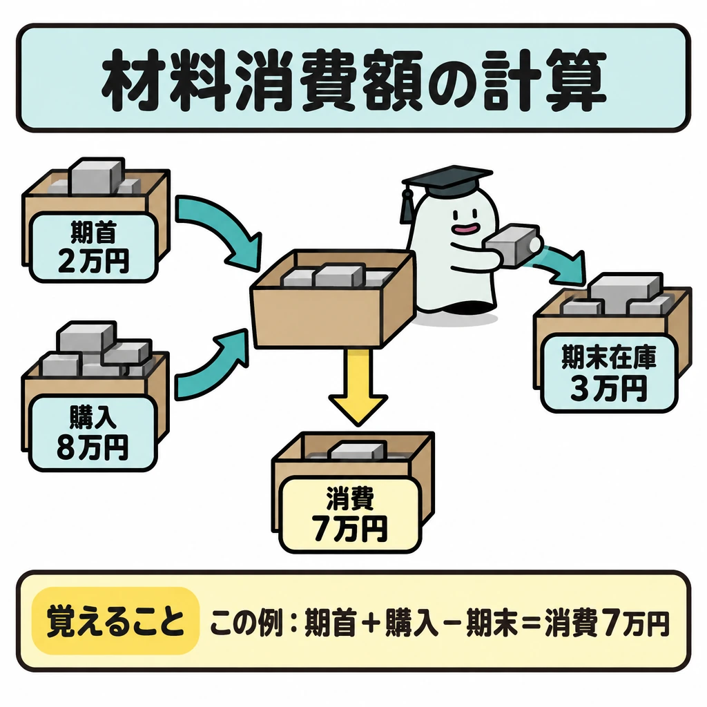 基本の仕組みの図解。左上の「期首2万円」と「購入8万円」を中央の材料箱へ合流させる。箱から右の「期末在庫3万円」へ取り分ける矢印を描き、残りを下の「消費7万円」へ流す。