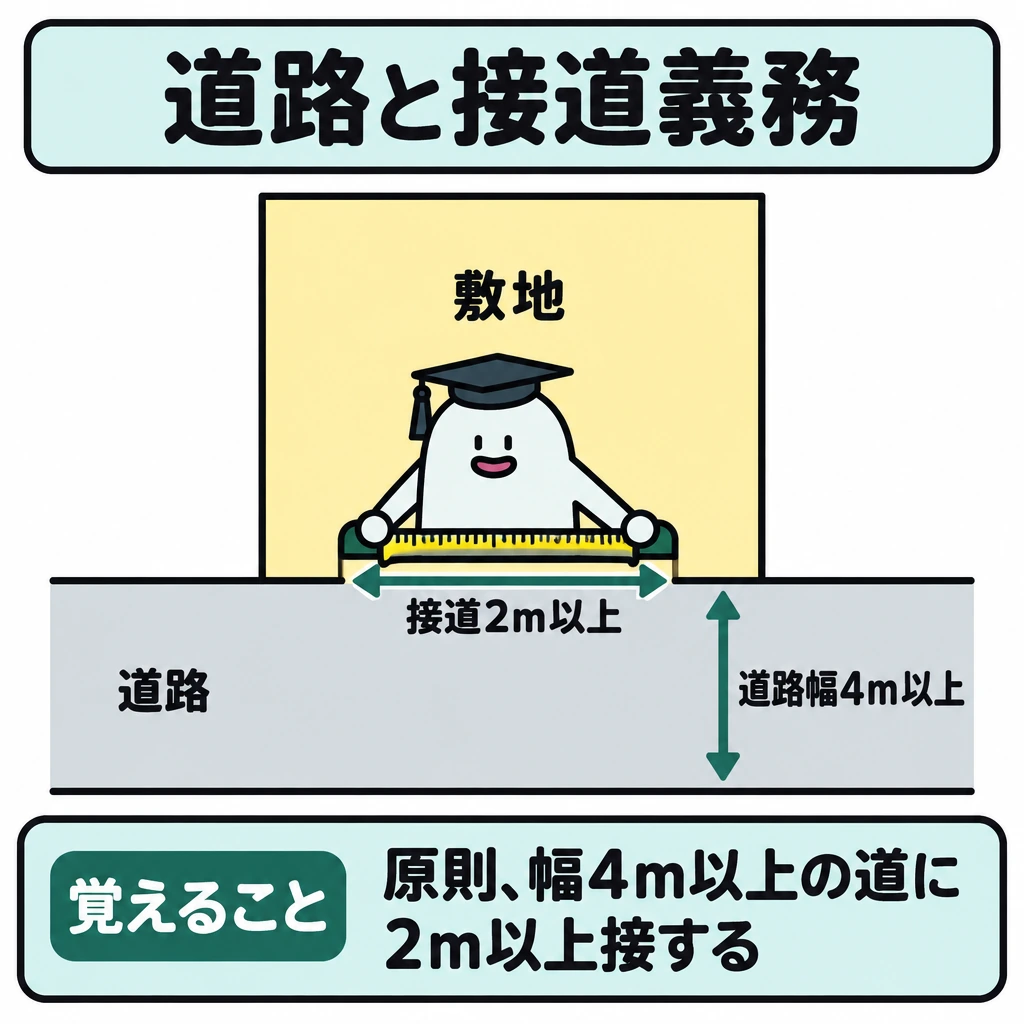 道路と接道義務の図解。正方形の図の上側に敷地、下側に横長の道路を配置し、両者が接する境界を示す。道路を縦に横切る両矢印で「道路幅4m以上」、境界に沿う両矢印で「接道2m以上」を示す。