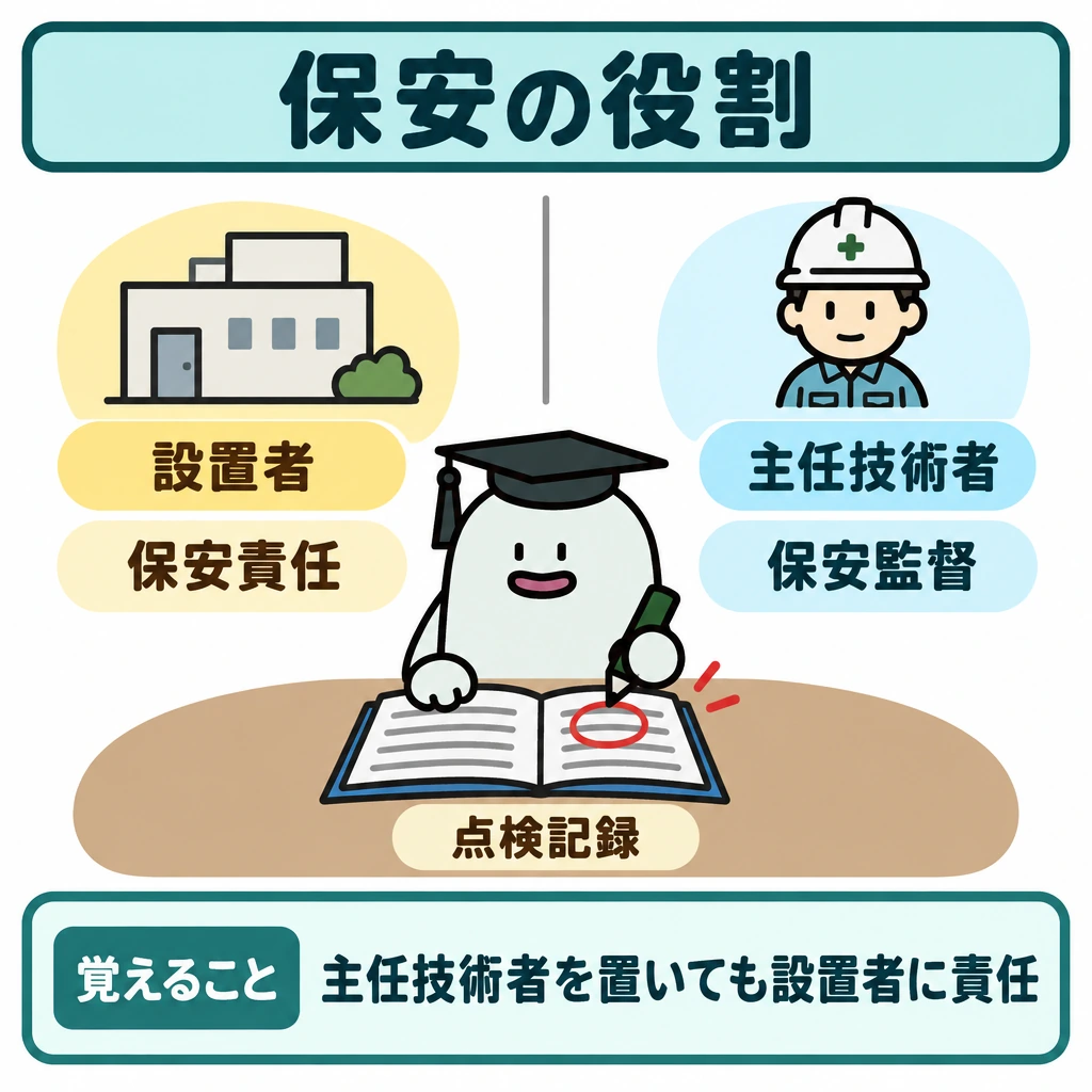 基本の仕組みの図解。上半分を縦線で左右に分け、左に「設置者」と「保安責任」、右に「主任技術者」と「保安監督」を対置する。下半分には1冊の点検記録を置き、どちらか一方へ責任を移す矢印は描かない。