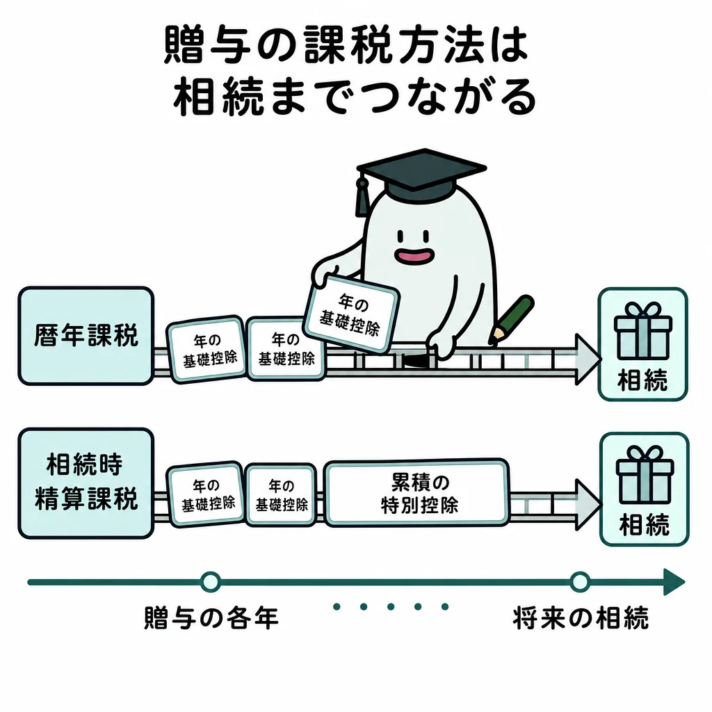 暦年課税と相続時精算課税を二本の時間軸として示し、後者は将来の相続へ接続する図