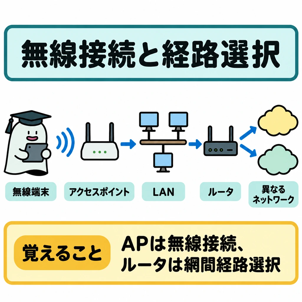 通信機器とプロトコルの図解。左から無線端末→アクセスポイント→LAN→ルータ→異なるネットワークの順に配置する。アクセスポイントからLANへの接続と、ルータがネットワーク間の経路を選ぶ様子を矢印で分けて示す。