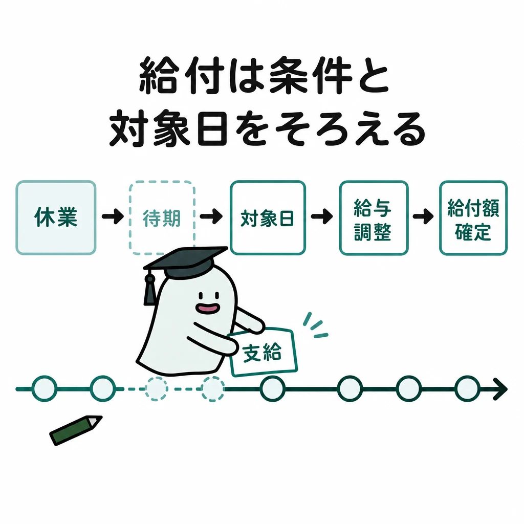休業から待期・対象日・給与調整を経て給付額を確定する時間軸の図