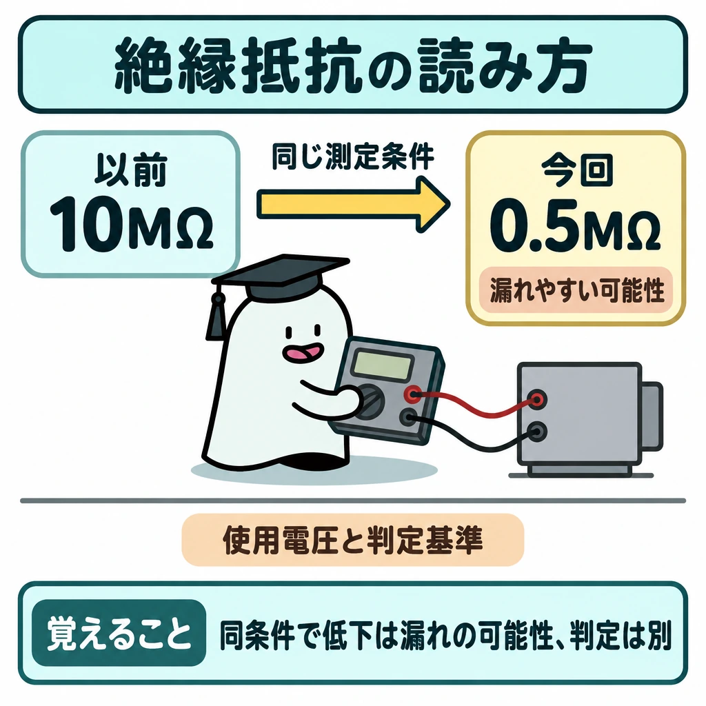 基本の仕組みの図解。画面中央を左右に分け、左の「以前 10MΩ」から右の「今回 0.5MΩ」へ矢印を引き、上に「同じ測定条件」と記す。数値比較の下は線で仕切り、「使用電圧に応じた判定基準」は別に読むことを示す。