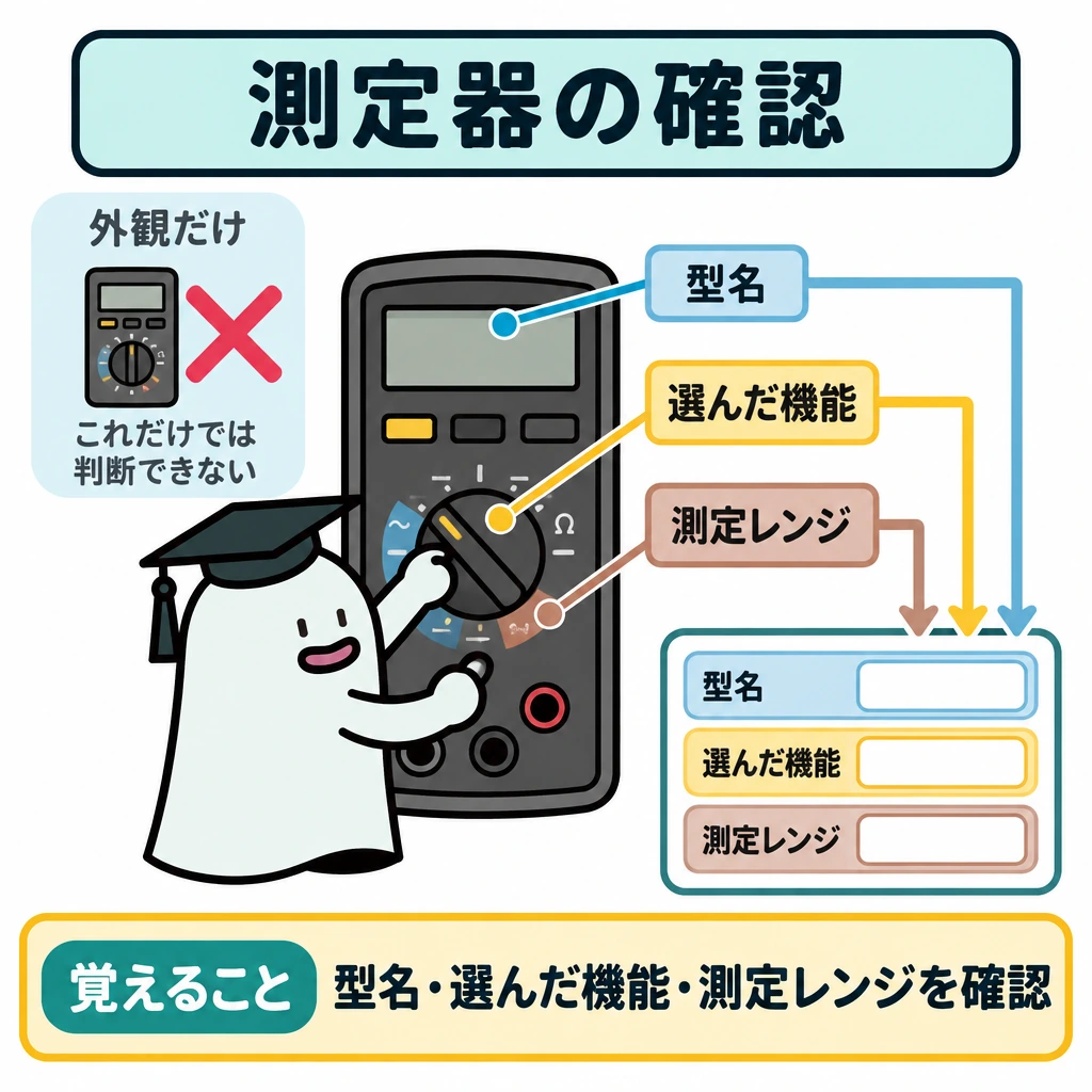 確認の図解。中央に測定器を1台大きく描き、外観の横には「これだけでは判断できない」と分かる×印を置く。本体の「型名」「選んだ機能」「測定レンジ」から右下の確認欄へ矢印を集める。