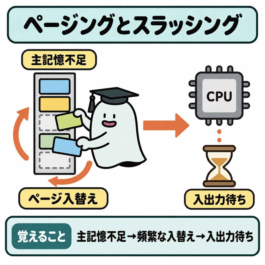 ページングとスラッシングの図解。左の狭い主記憶でページが頻繁に入れ替わる様子を循環矢印で示し、右のCPUへ矢印をつないで、処理より入出力待ちが長くなる流れを描く。左右は仕切らず、1つの因果として見せる。