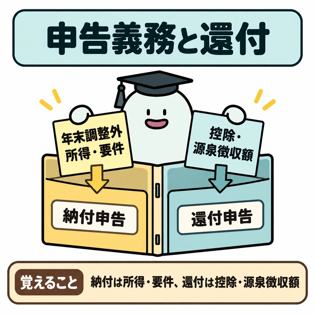 申告義務と還付の違いの図解。中央のファイルを縦に仕切り、左を納付申告、右を還付申告の確認欄にする。左は「年末調整外の所得・要件」、右は「控除・源泉徴収額」へ下向き矢印を引き、二つの確認事項を混ぜない。