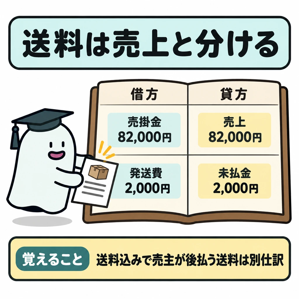 手数料・送料をどちらが負担するかの図解。中央に1枚の仕訳帳を置き、縦線で左を借方・右を貸方、横線で上段を販売・下段を送料の仕訳に分ける。上段は売掛金82,000円と売上82,000円、下段は発送費2,000円と未払金2,000円を対応させ、送料を売上から差し引かない。
