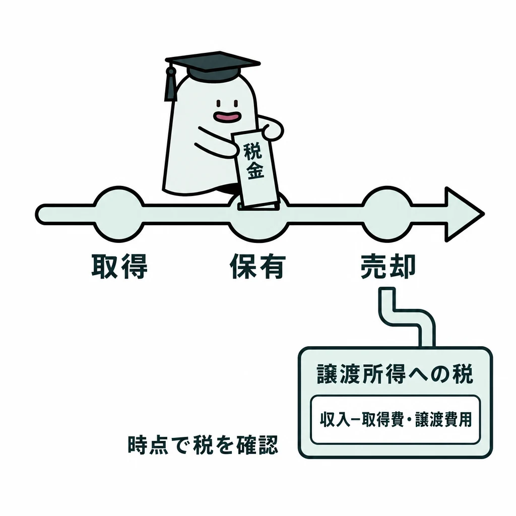 取得・保有・売却の三段階で不動産に関わる税の役割を整理する図