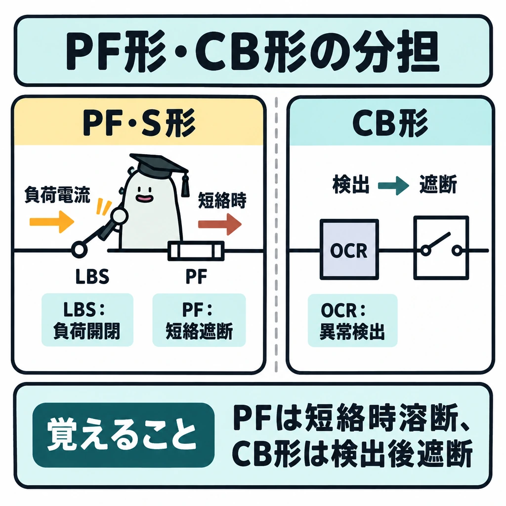 PF形・CB形の分担の図解。1枚の単線図を中央の仕切りで左右に比較する。左はLBSとPFを組み合わせ、負荷電流の矢印をLBSへ、短絡時の矢印をPFへ向ける。右はOCRから遮断器へ「検出→遮断」の順に矢印をつなぐ。