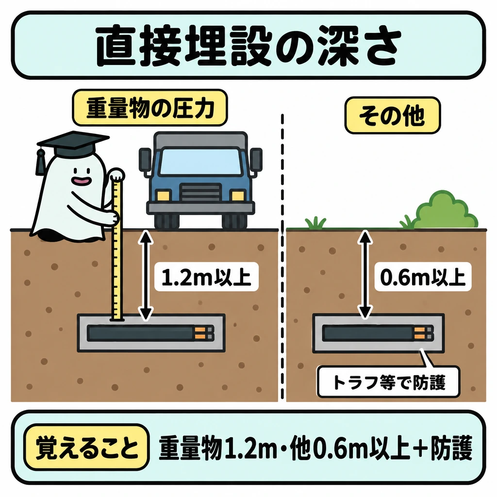 支持・防護と地中電線路の図解。一続きの地面の断面を縦線で左右に分け、左を重量物の圧力を受ける場所、右をその他の場所にする。各側で地表からトラフ等で防護したケーブルまでの深さを下向きの寸法矢印で示し、左に1.2m以上、右に0.6m以上と記す。