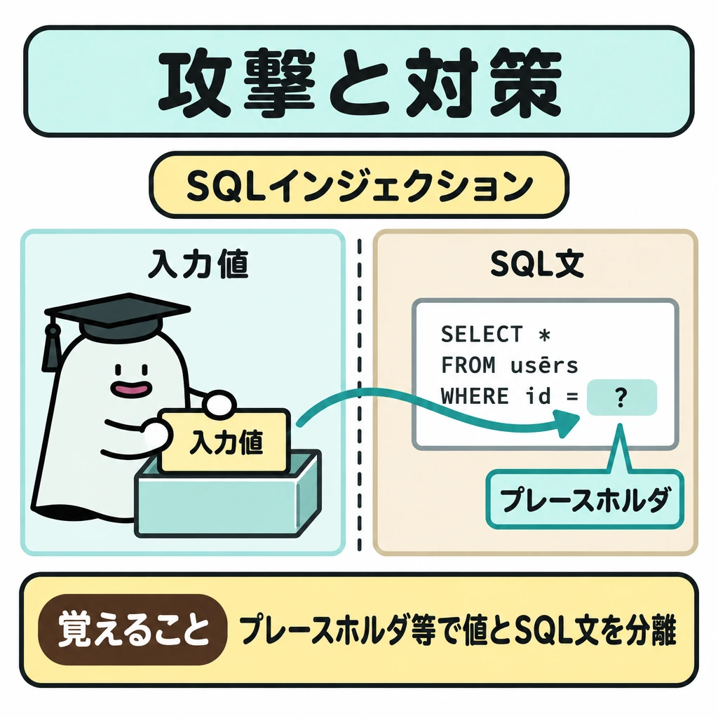 攻撃と対策の対応の図解。SQLインジェクションへの対策を、左の「入力値」と右の「SQL文」の対応で示す。両者を仕切りで分け、入力値からSQL文内の「プレースホルダ」へ対応を示す矢印を引く。入力値をSQL文へ直接書き込む矢印は描かない。