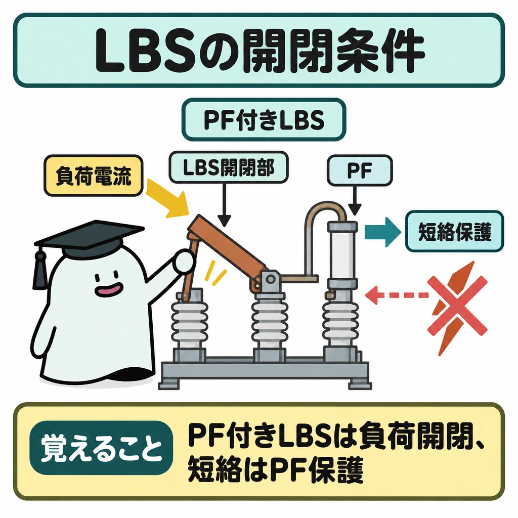 DS・LBS・PASの開閉条件の図解。中央にPF付きLBSの図解模型を1台置き、開閉部には「負荷電流」、隣のPFには「短絡保護」の矢印を向ける。短絡電流をLBSの開閉部で遮断する描写には×を付け、役割の違いを示す。