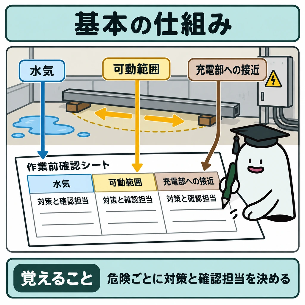 基本の仕組みの図解。正方形の上半分に、水気のある場所、長い金属材の可動範囲、近くの充電部を一つの作業場所として描く。各危険から下半分の作業前確認シートの別々の欄へ矢印を引き、欄ごとに対策と確認担当を決める流れを示す。